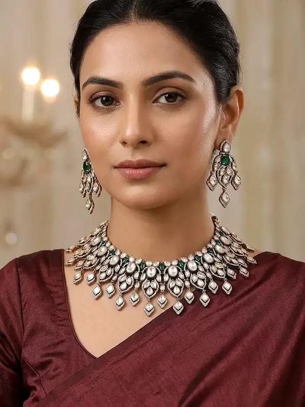 Green Stone Studded Traditional Kundan Bridal Choker Necklace Set with Earrings