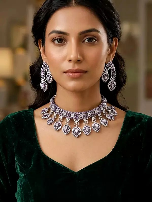 Purple Teardrop Design Stone Studded American Diamond Necklace Set