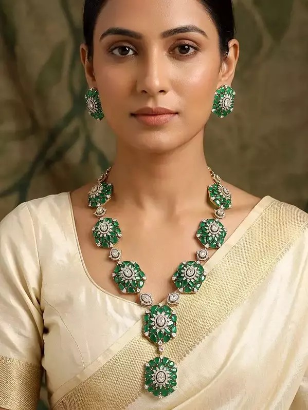 Green Crystal Floral American Diamond Wedding Necklace Set with Stud Earrings