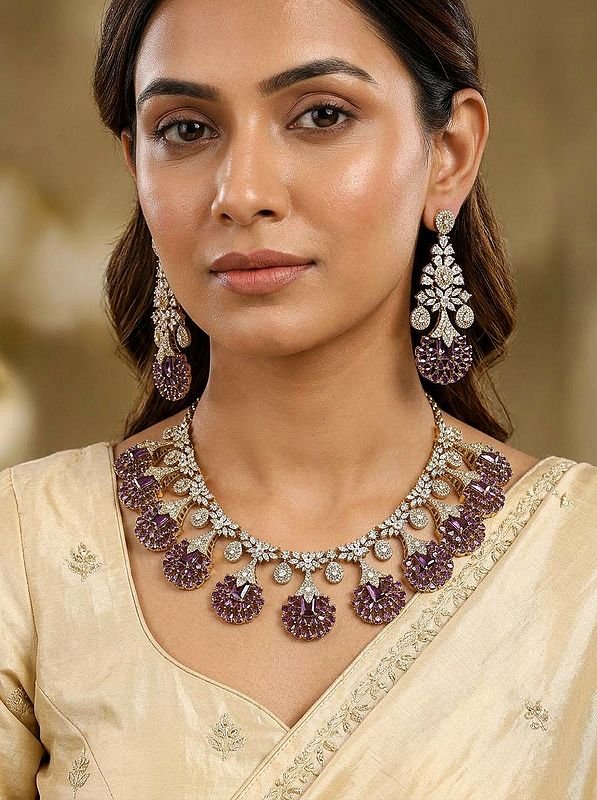 Stone Studded American Diamond Floral Statement Necklace Set with Earrings