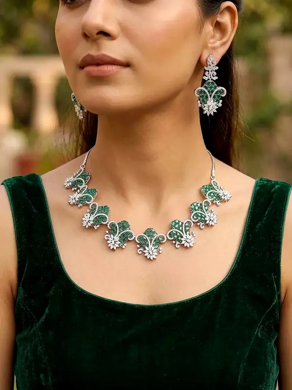 Green Stone Studded Floral Design American Diamond Necklace Set