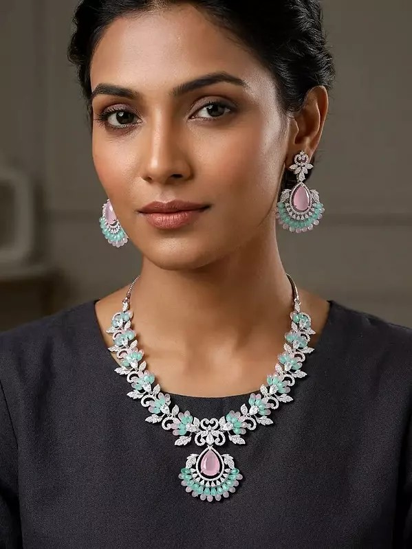 Leaf Design Stone Studded American Diamond Necklace Set