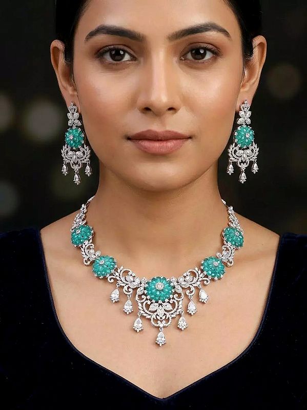Stunning Green Studded Necklace and Earring Jewelry Set