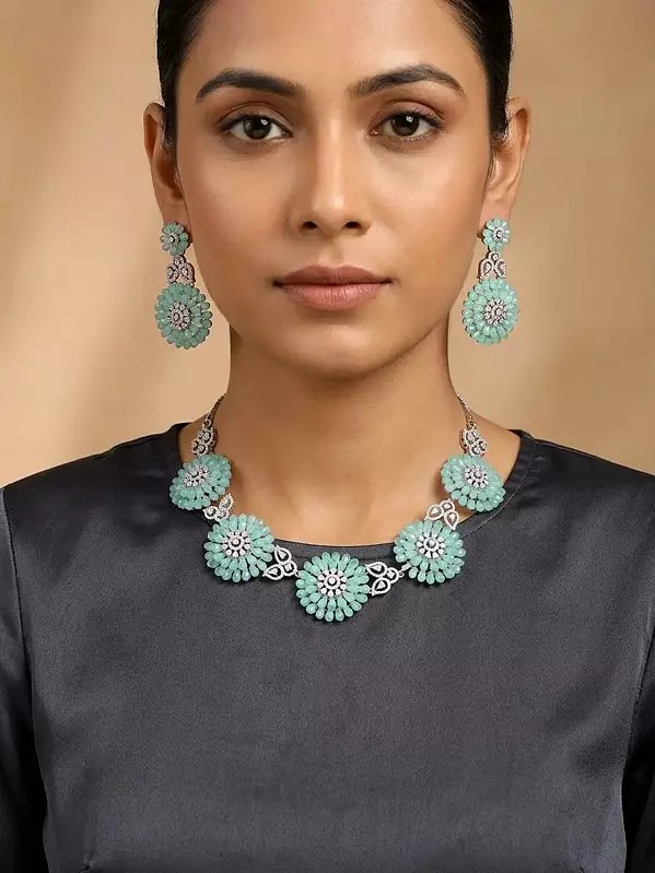 Floral Design Stone Studded American Diamond Necklace Set with Earrings