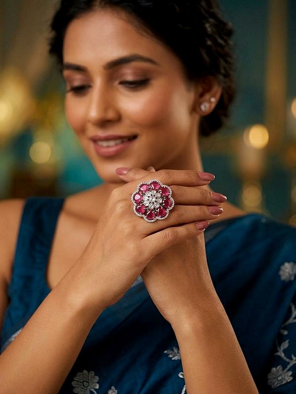 Red Floral Deign Stone Studded Adjustable Kundan Ring
