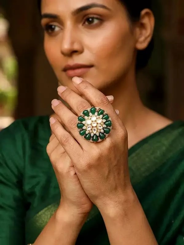 Adjustable Ring with Kundan Stones and Floral Beading