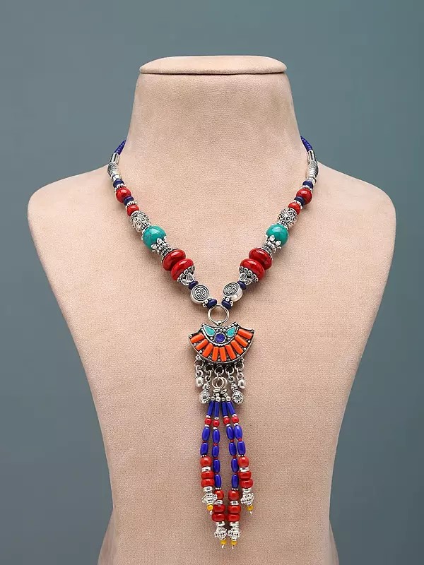 Multicolor Stone Studded and Beaded Tibetan Style Long Necklace