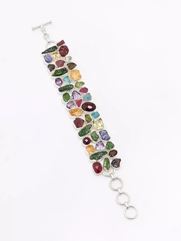 Multi Raw Gemstone Toggle Clamp Lock Bracelet