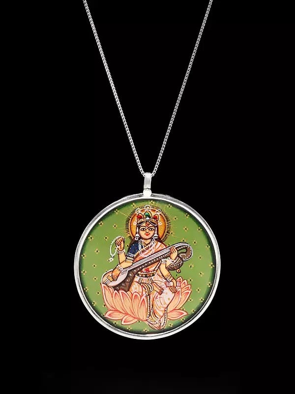 Round Shape Hand-Painted Goddess Saraswati Pendant