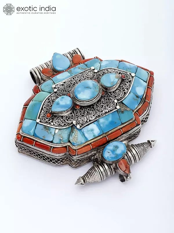 Tibetan Filigree Gau Box Pendant with Coral and Tibetan Turquoise