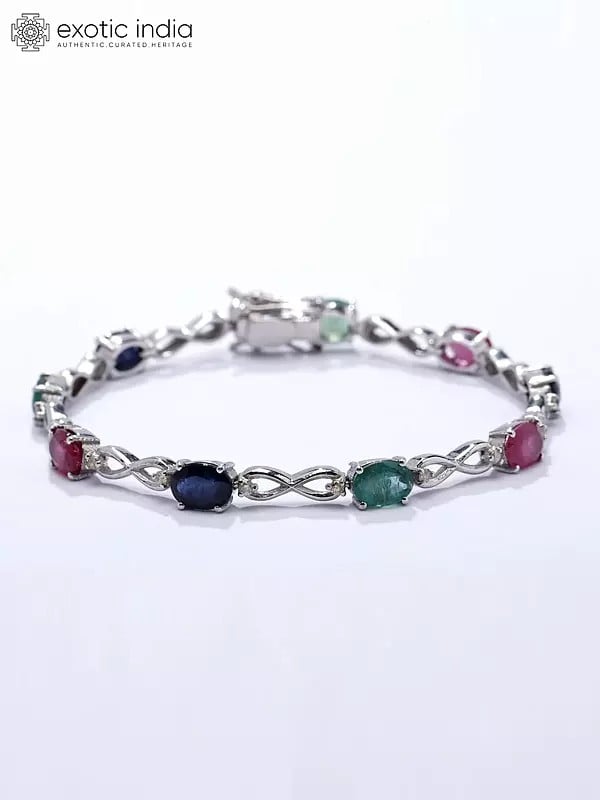 Faceted Ruby Emerald and Sapphire Bracelet with Diamond