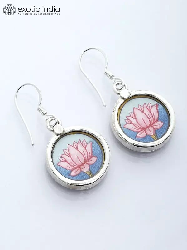 Round Shape Sterling Silver Lotus Design Earrings