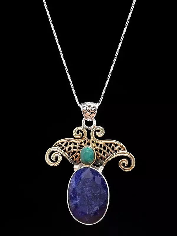 Victorian Style Sterling Silver Pendant with Faceted Lapis Lazuli and Emerald