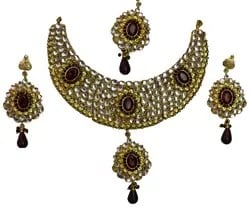 Kundan Necklace Set with Golden Accent and Faux Garnet