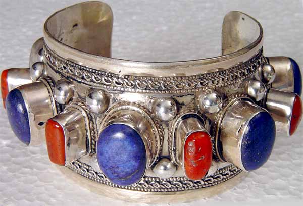 Lapis Cuff Bracelet with Coral