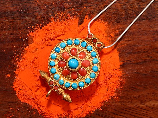 Gau Box Gold Plated Pendant with Coral and Turquoise
