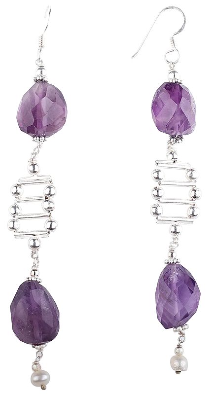 Designer Sterling Silver Earrings studded with Faceted Amethyst