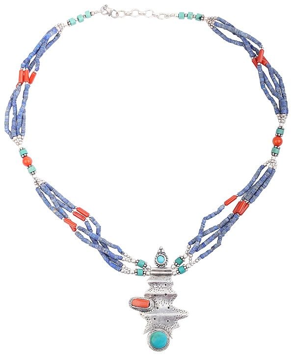 Necklace Studded By Turquoise Coral With Lapis Lazuli, Coral and Turquoise Thread