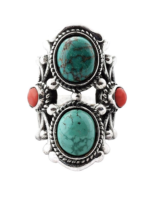 Double Turquoise and Coral Stones Sterling Silver Ring