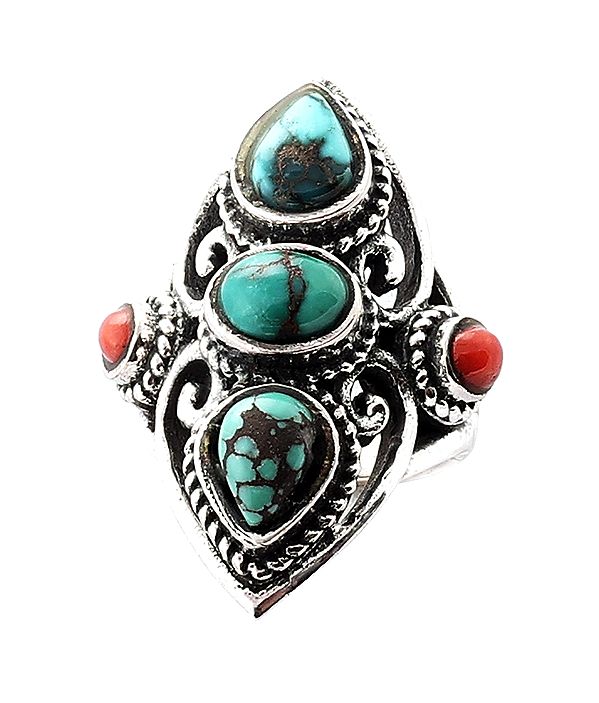 Designer Sterling Silver Ring Studded with Turquoise and Coral Stone (Big Size)