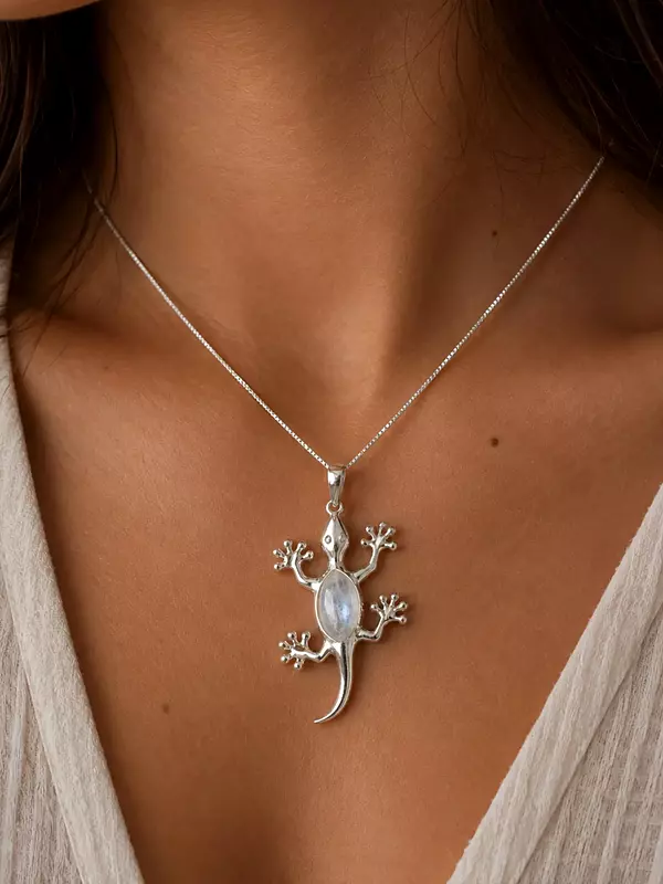 Lizard Sterling Silver Pendant with Rainbow Moonstone