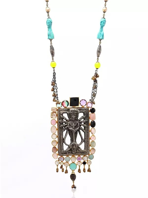 Zinc Tribal Goddess Durga Necklace with Genuine Multi Gemstone and Dangling Ghungroos