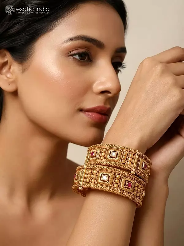Stone Studded Square Pattern Openable Brass Bangles