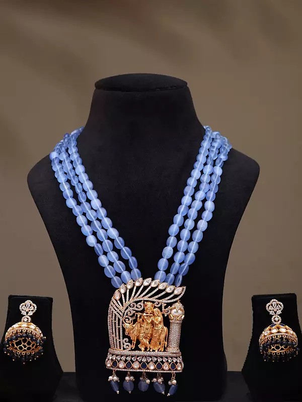 Kundan and Stone Studded Radha Krishna Multi Strand Long Necklace Set with Earrings