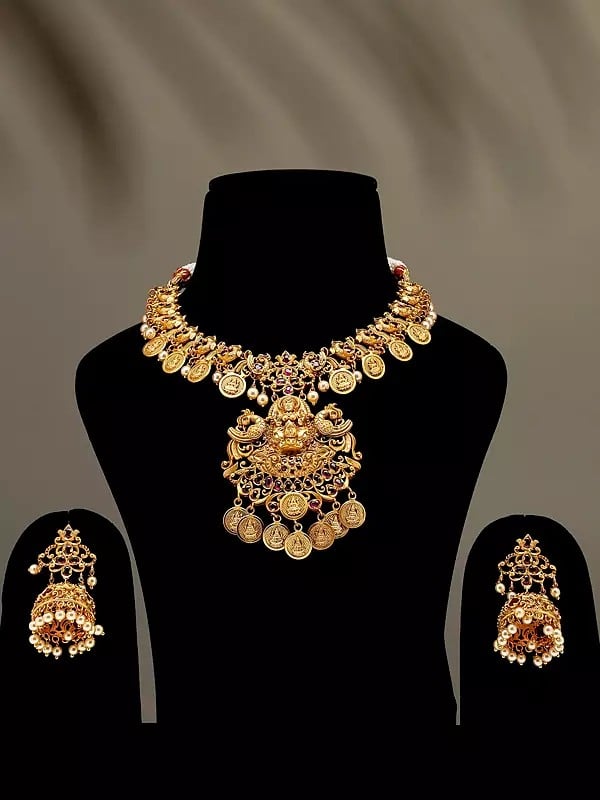 Goddess Lakshmi Traditional South Indian Brass Necklace and Earrings Set