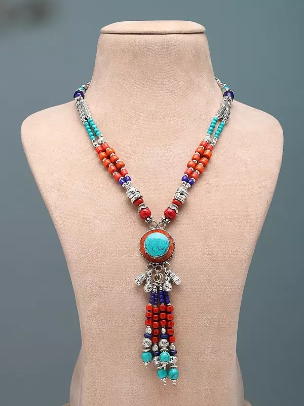 Tibetan Style Red and Blue Stone Long Necklace