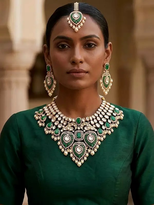 Leaves Design Brass Heavy Necklace Set With Mangtika And Earrings