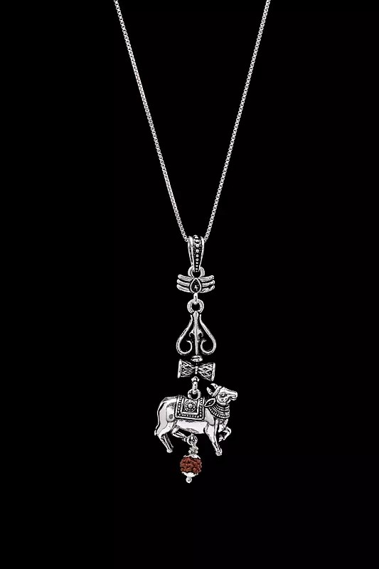 Nandi Trishul Damru 925 Silver Pendant with Rudraksha
