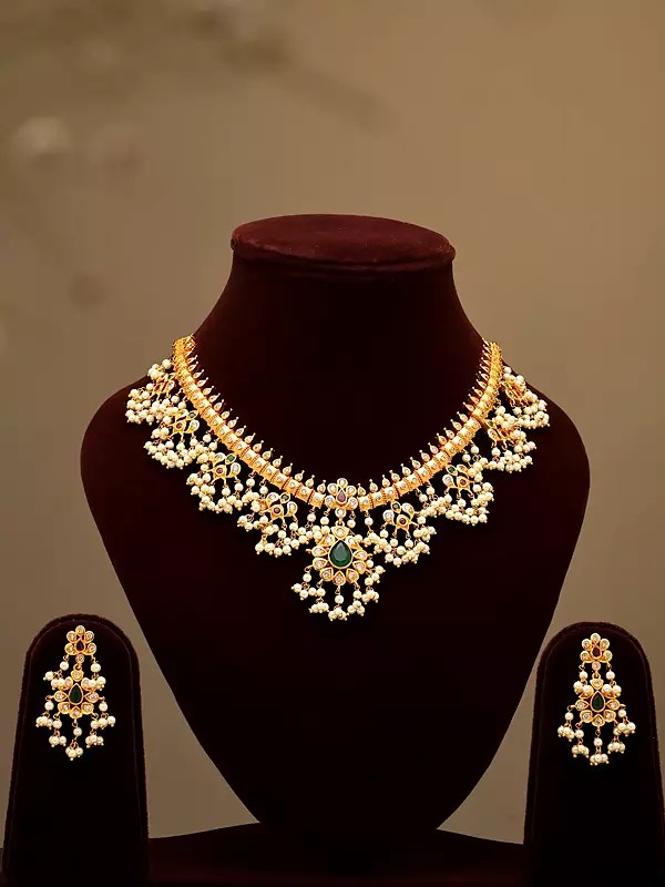 Polki Kundan Stone Studded Necklace and Earrings Set with Pearl Drop