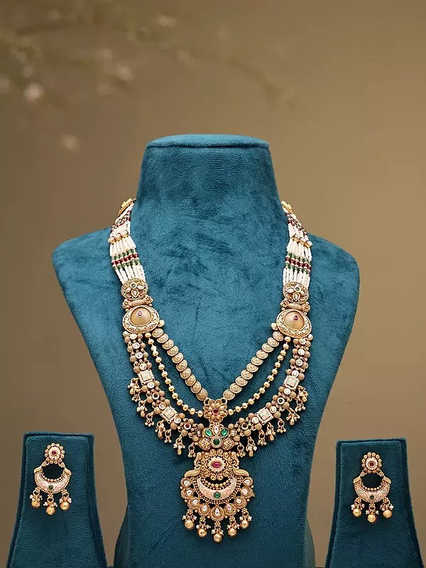 Kundan Studded Multi Strand Layered Rajwadi Rani Haar Set with Chand Bali