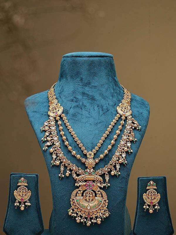 Stone Studded Radha Krishna Rajwadi Necklace and Chand Bali Set With Ghungroo