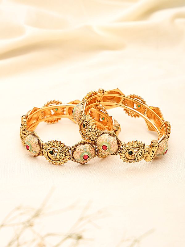 Kundan Meenakari Peacock Design Openable Bangles (Pair)