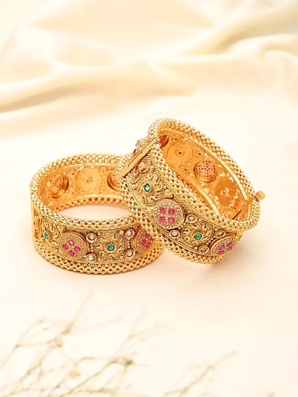 Kundan Stone Studded Openable Rajwadi Brass Bangles (Pair)