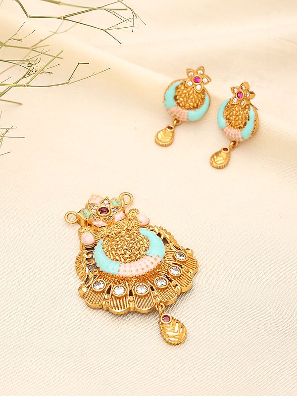 Floral Half Moon Design Stone Studded Pendant Necklace with Earrings Set