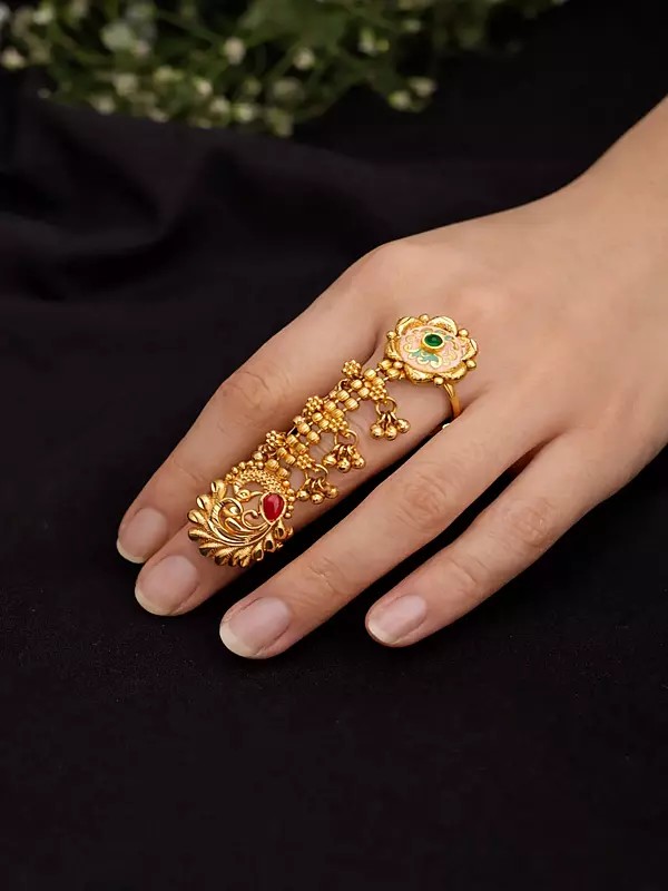 Peacock and Floral Design Adjustable Long Finger Ring (Double Ring)