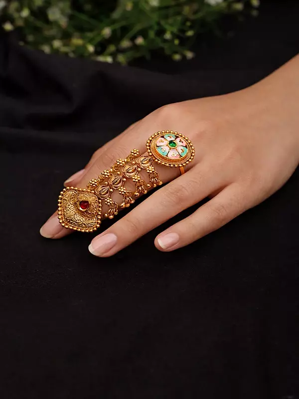 Adjustable Long Finger Ring with Floral and Leaf Design (Double Ring)