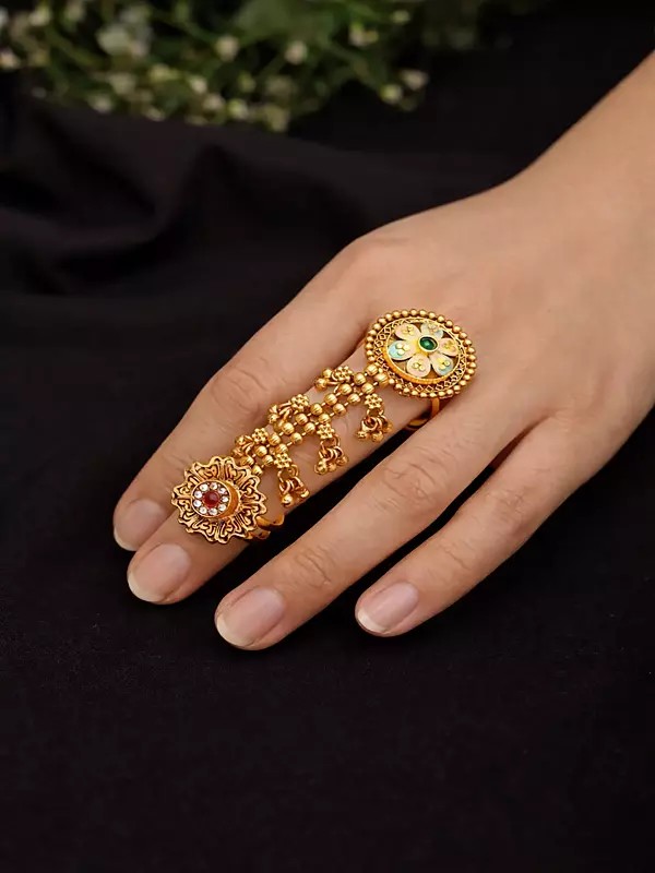 Flower Design Stone Studded Adjustable Long Finger Ring (Double Ring)
