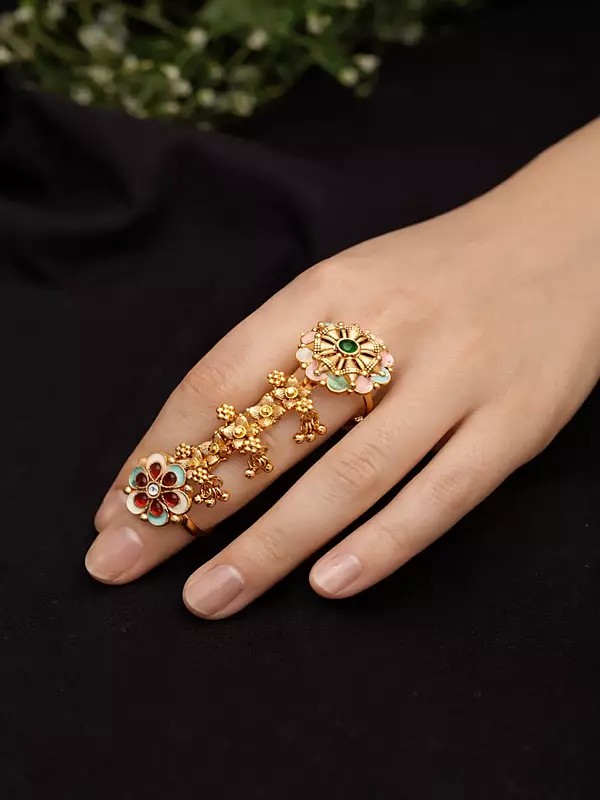 Adjustable Flower Design Long Finger Ring with Bead Drop (Double Ring)