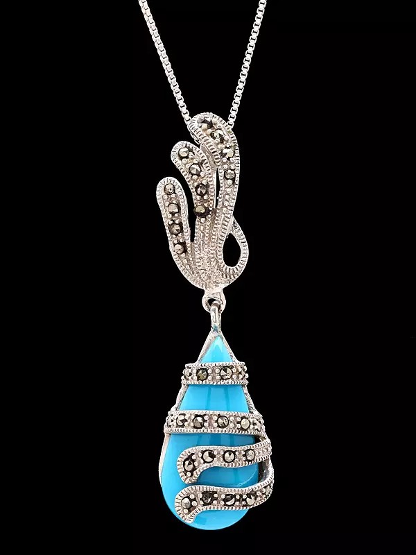 Sterling Silver Pendant with Teardrop Turquoise and Marcasite Accents
