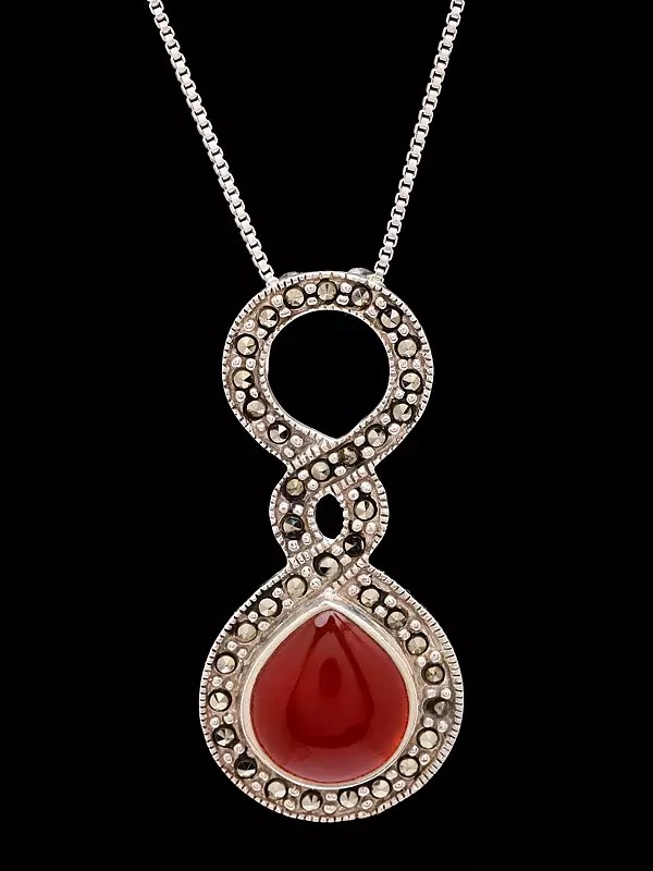Carnelian Cabochon Sterling Silver Pendant with Marcasite Accents