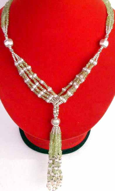Multi Strand Necklace of Pearl and Peridot