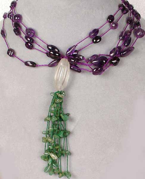 Necklace of Amethyst Tumbles and Emerald Chips