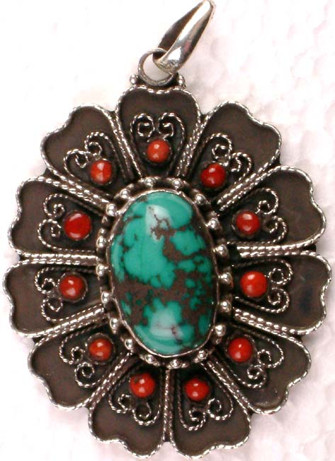 Nepalese Pendant of Turquoise with Coral