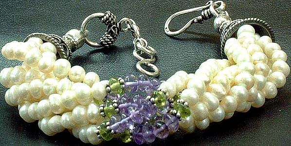 Pearl Bunch Bracelet with Amethyst and Peridot