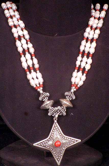 Pearl Coral Necklace with Filigree Pendant