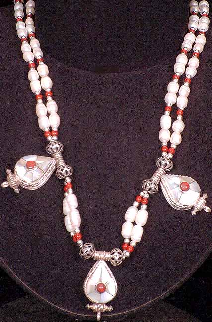 Pearl Coral Necklace with Tibetan Gau Amulets